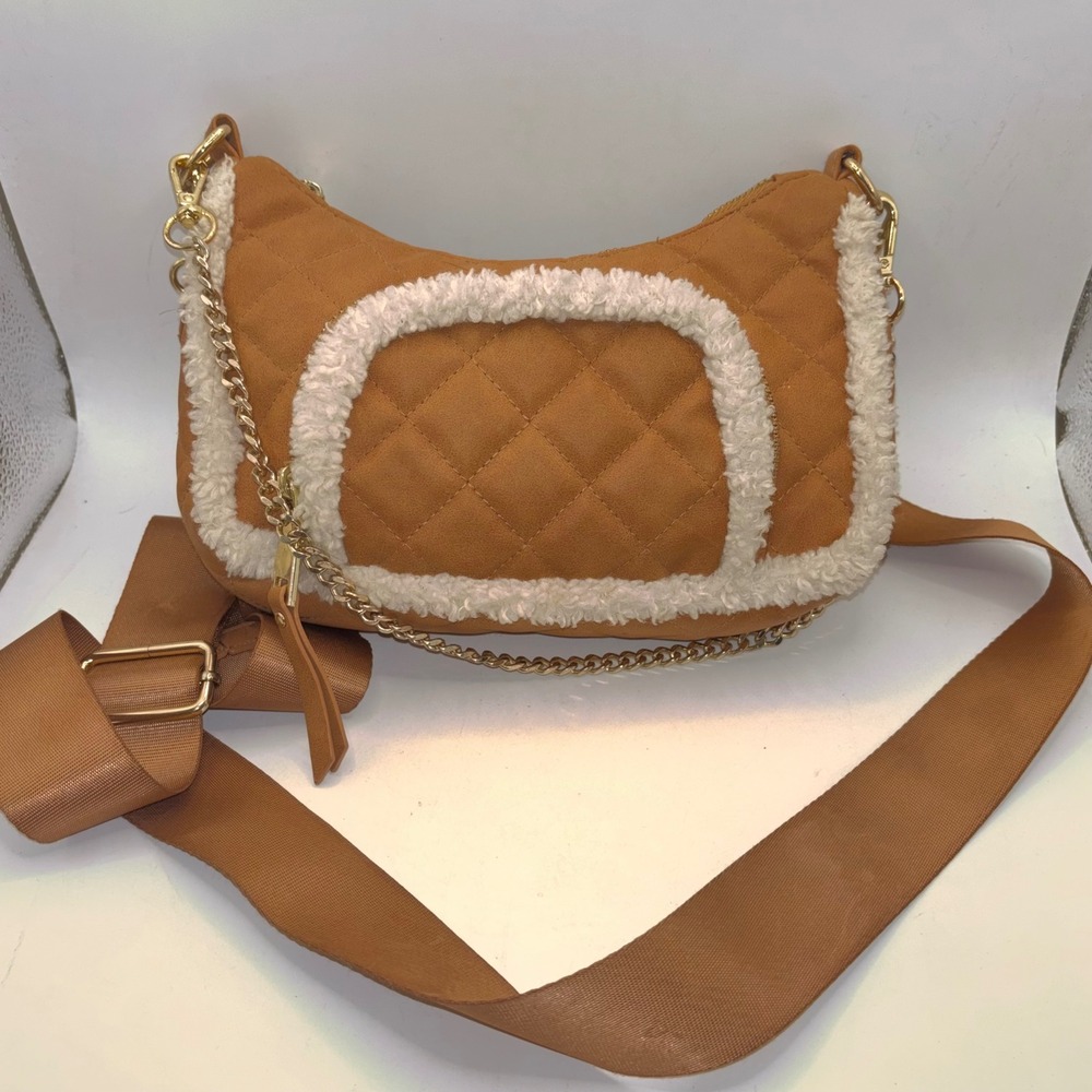 Madden NYC Quilted Crossbody Bag Brown Sherpa Trim Gold Chain Strap MNY-274